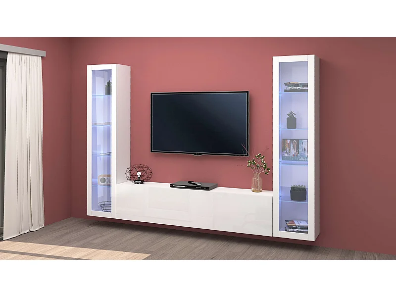 Parete attrezzata sospesa bianca soggiorno mobile TV 2 vetrine Liv WH