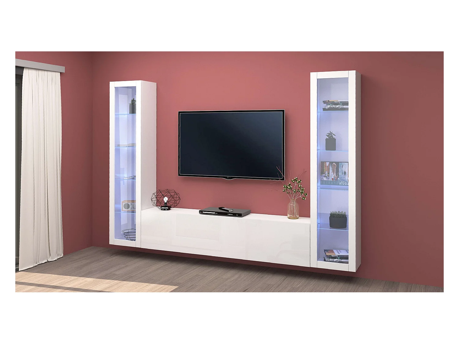 Parete attrezzata sospesa bianca soggiorno mobile TV 2 vetrine Liv WH