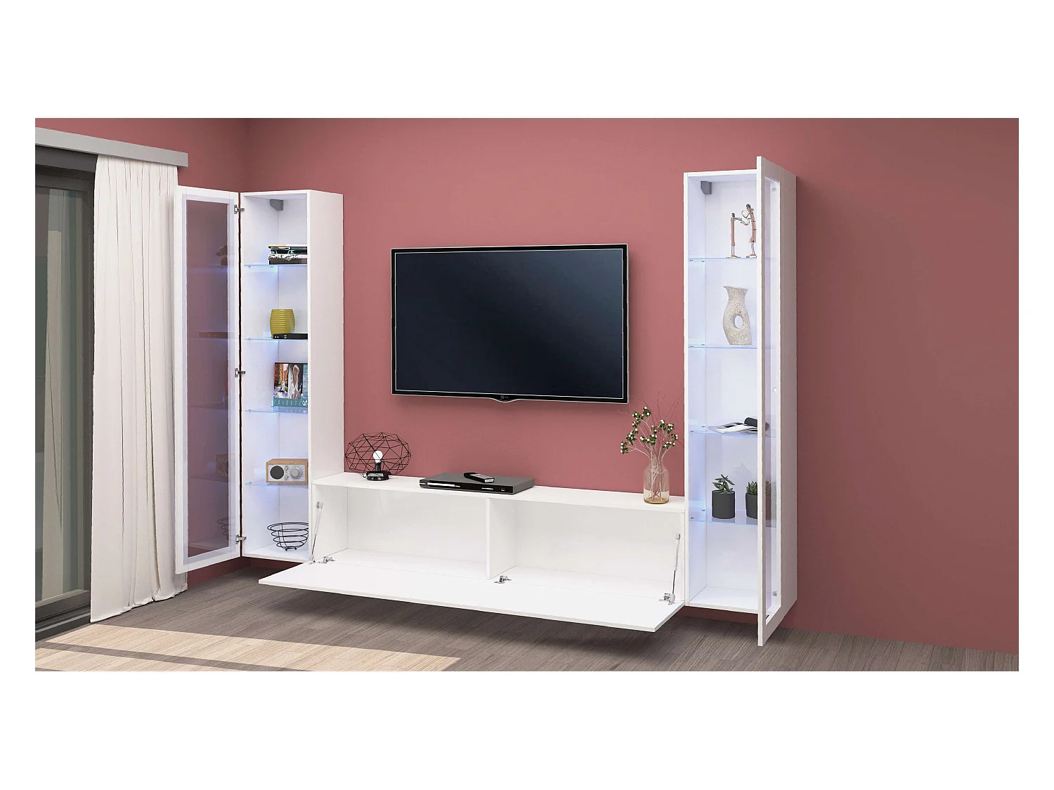 Parete attrezzata sospesa bianca soggiorno mobile TV 2 vetrine Liv WH
