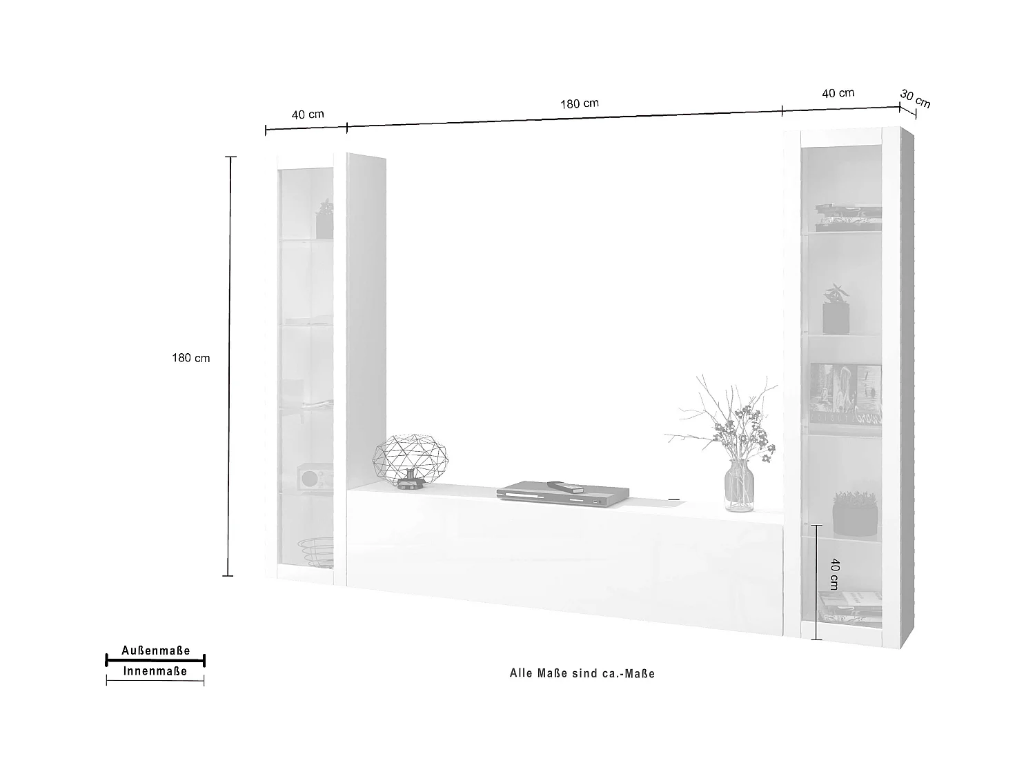 Parete attrezzata sospesa bianca soggiorno mobile TV 2 vetrine Liv WH