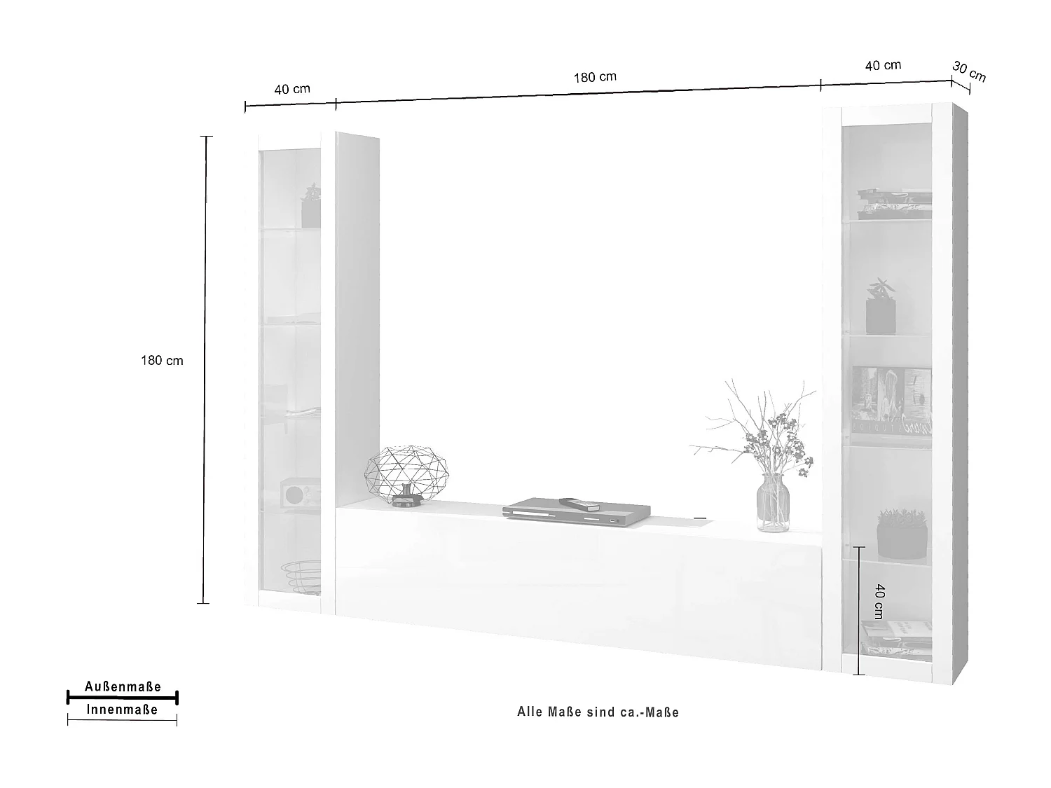 Meuble TV de salon blanc salon 2 vitrines Liv WH