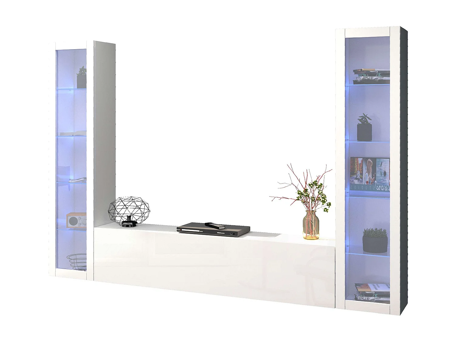 Parete attrezzata sospesa bianca soggiorno mobile TV 2 vetrine Liv WH
