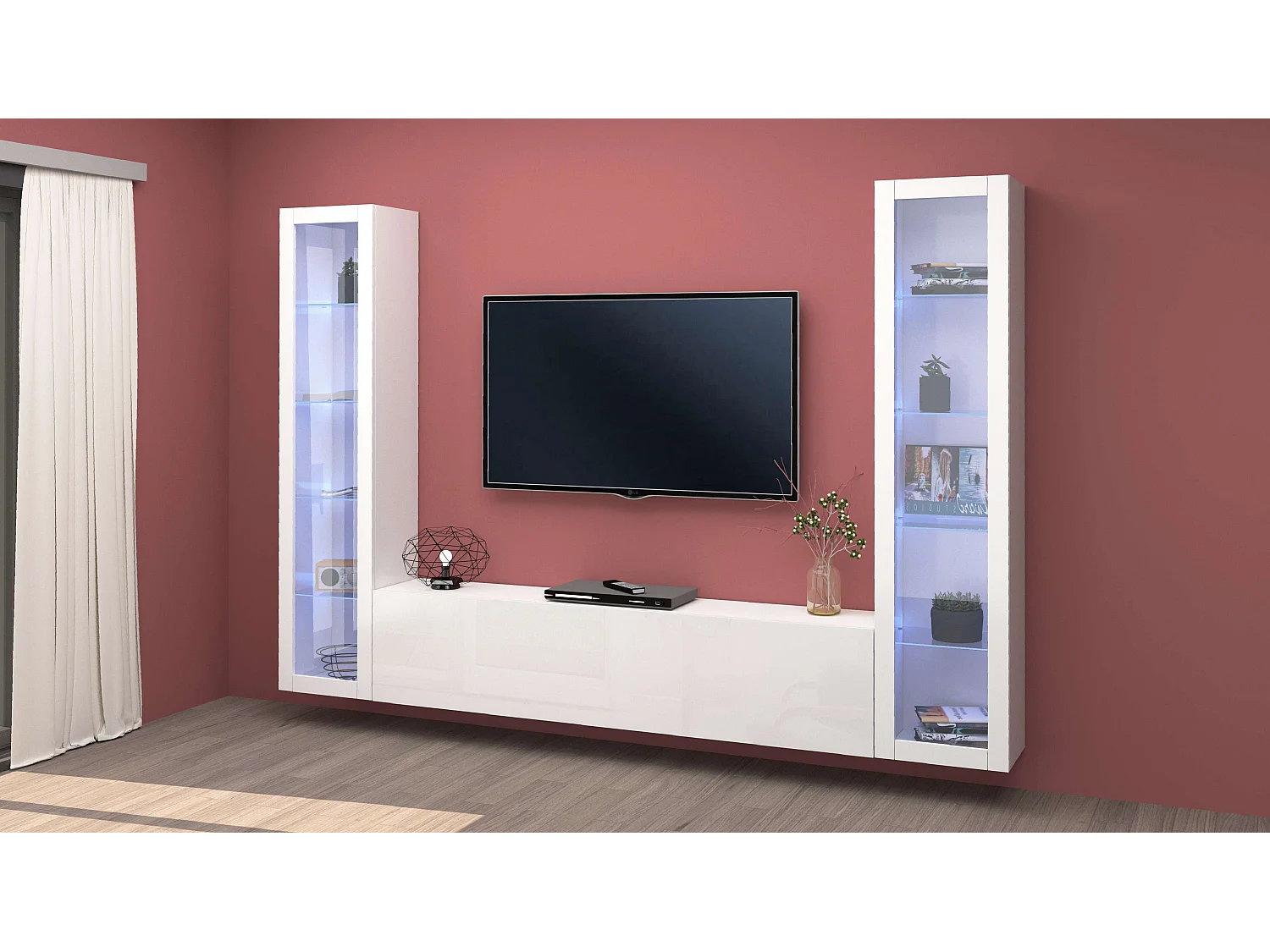 Parete attrezzata sospesa bianca soggiorno mobile TV 2 vetrine Liv WH