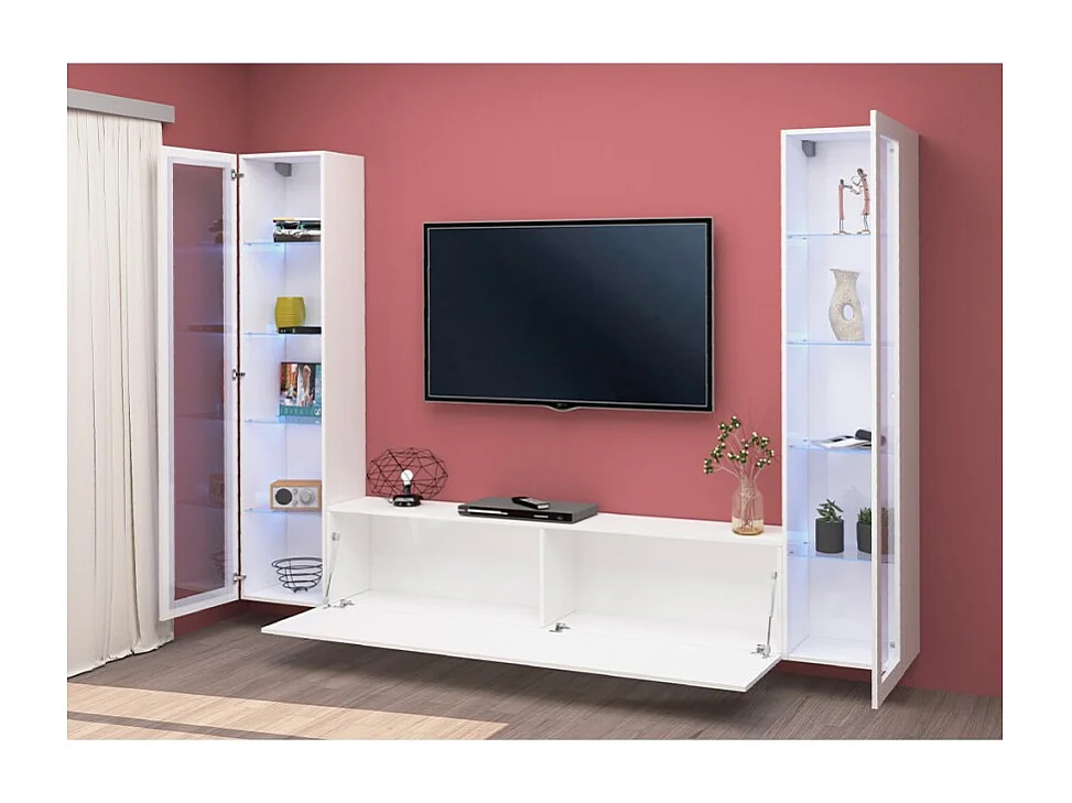 Parete attrezzata sospesa bianca soggiorno mobile TV 2 vetrine Liv WH
