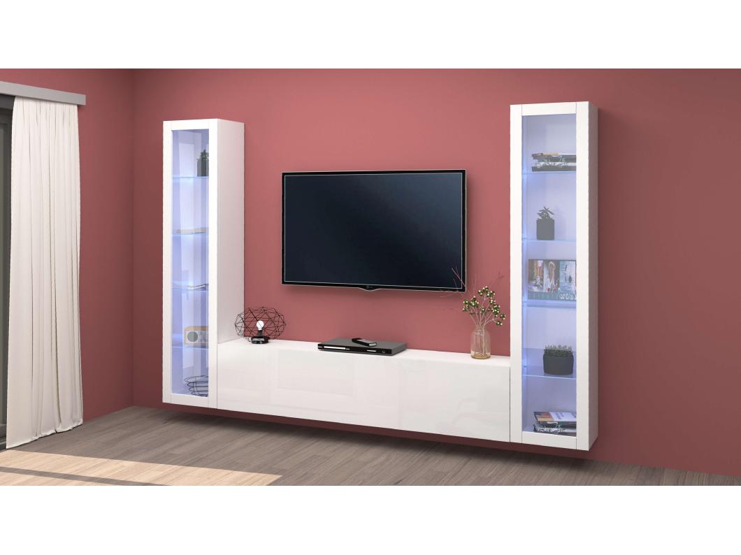 Parete attrezzata sospesa bianca soggiorno mobile TV 2 vetrine Liv WH