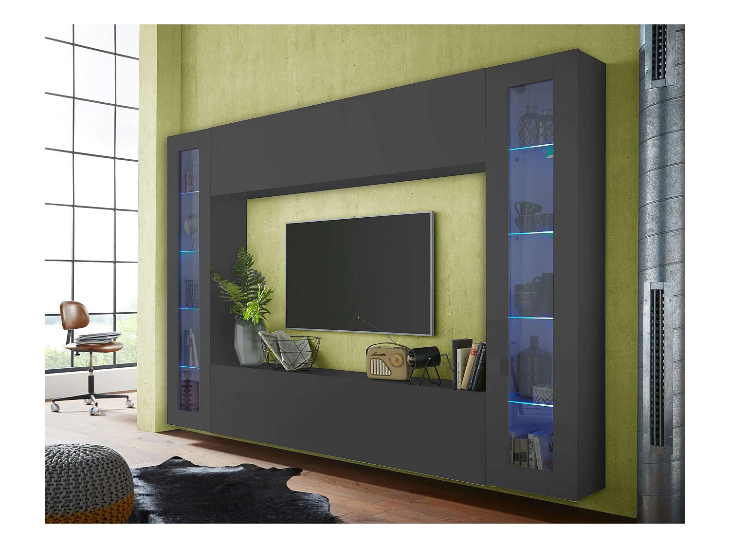 Parete attrezzata porta TV moderno pensile sospeso 2 vetrine Note Frame antracite