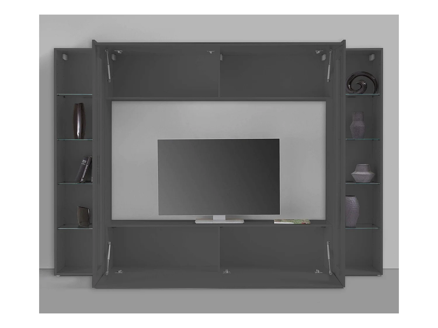 Parete attrezzata porta TV moderno pensile sospeso 2 vetrine Note Frame antracite