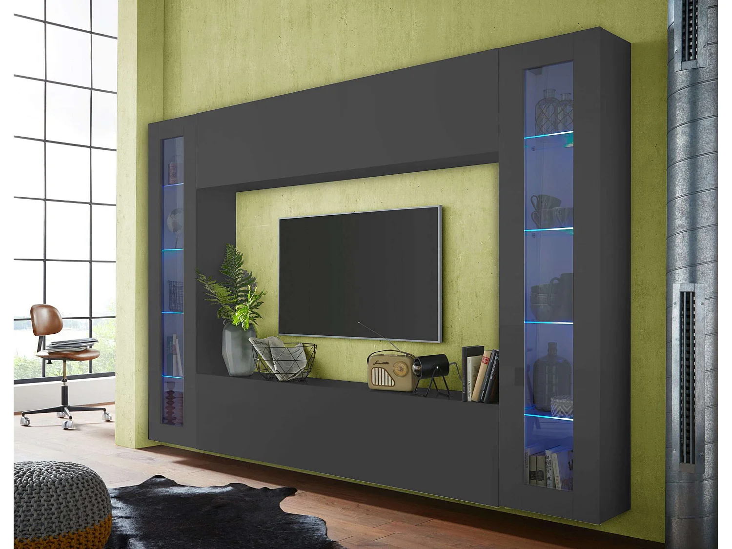 Parete attrezzata porta TV moderno pensile sospeso 2 vetrine Note Frame antracite