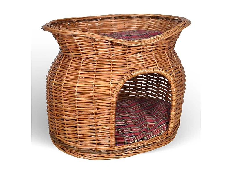 Lit panier igloo à deux niveaux en osier naturel avec deux coussins