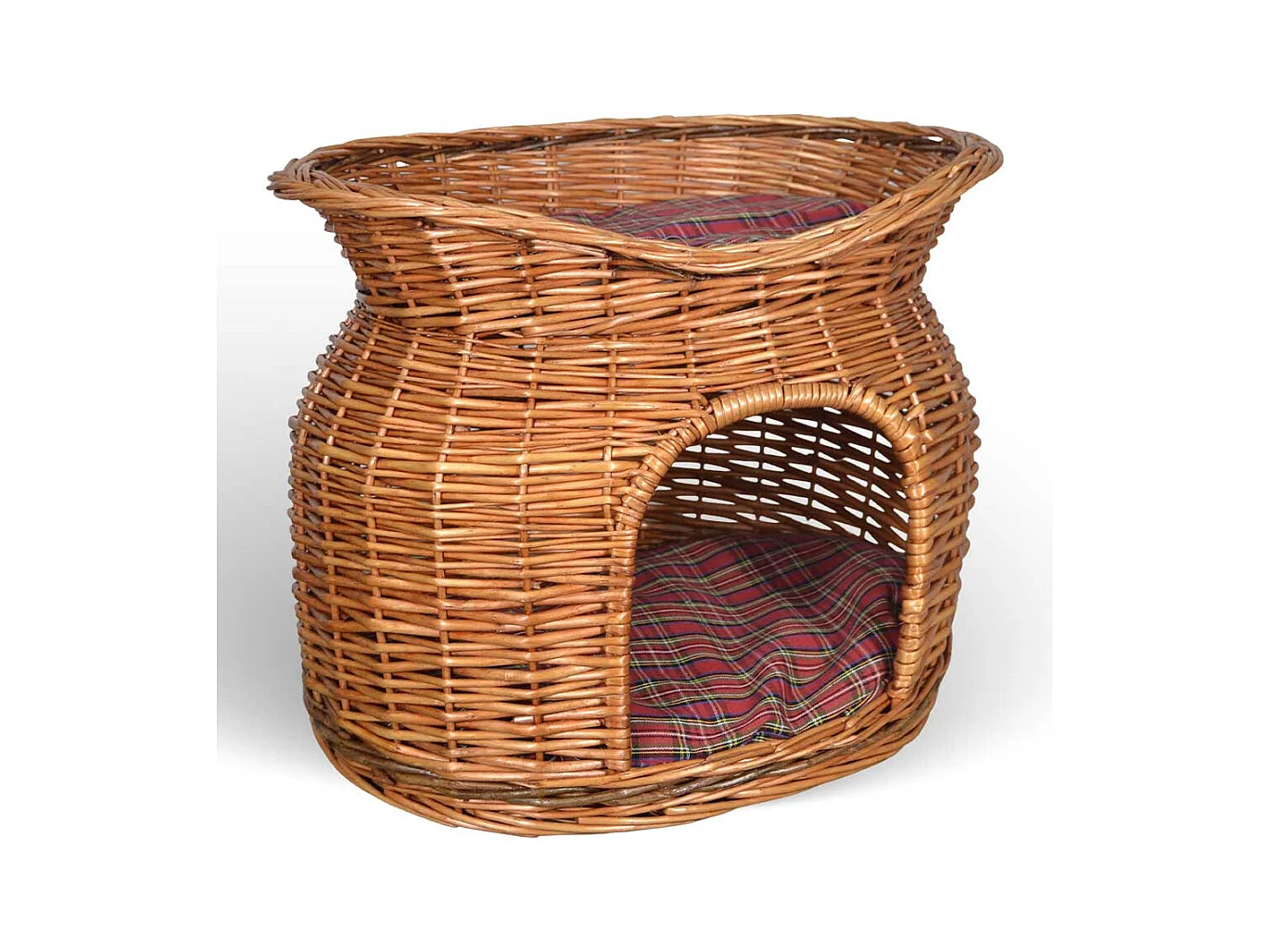 Lit panier igloo à deux niveaux en osier naturel avec deux coussins