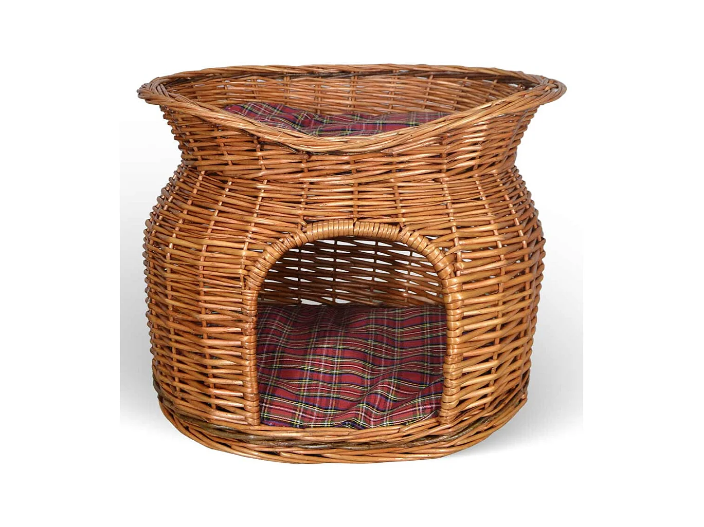 Lit panier igloo à deux niveaux en osier naturel avec deux coussins