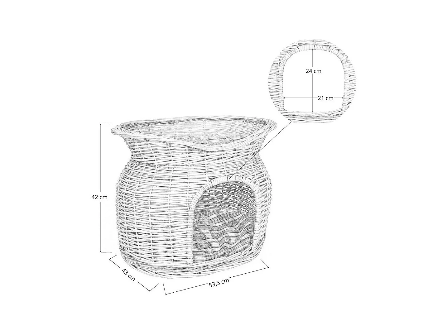 Lit panier igloo à deux niveaux en osier naturel avec deux coussins