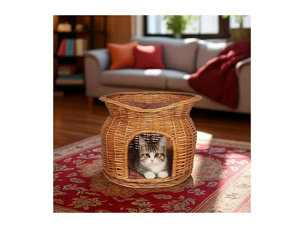 Lit panier igloo à deux niveaux en osier naturel avec deux coussins