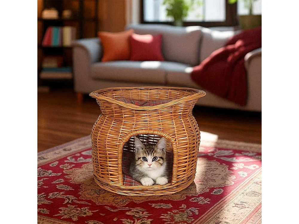 Cuccia cesto lettino igloo a due piani in vimini naturale con due cuscini