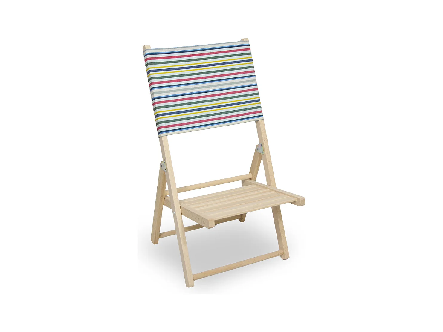 Chaise de plage pliante en bois naturel avec dossier à rayures colorées
