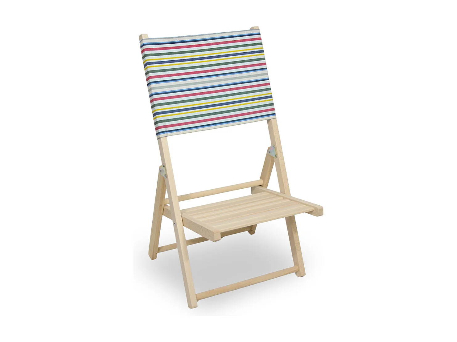 Chaise de plage pliante en bois naturel avec dossier à rayures colorées