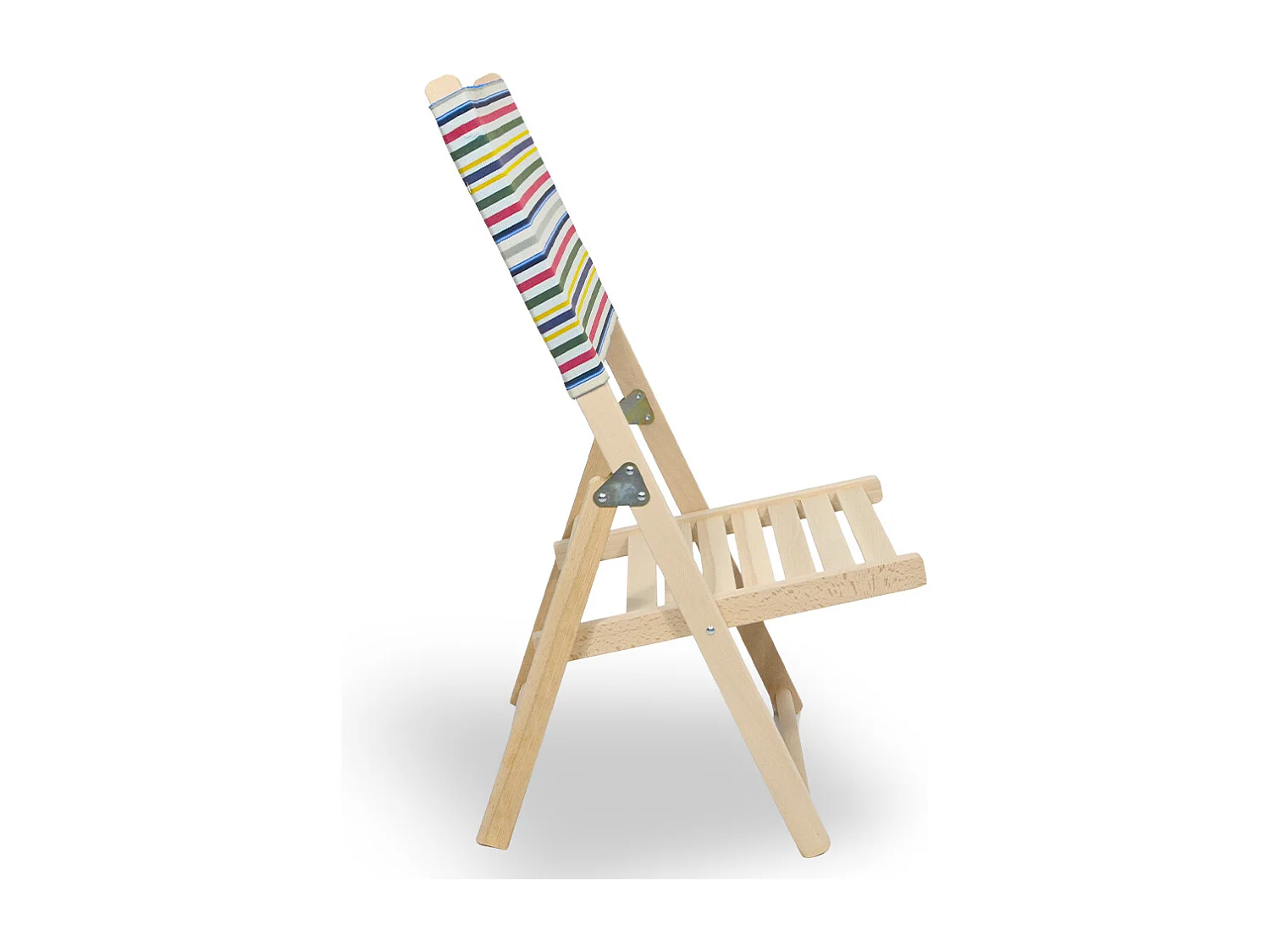 Chaise de plage pliante en bois naturel avec dossier à rayures colorées