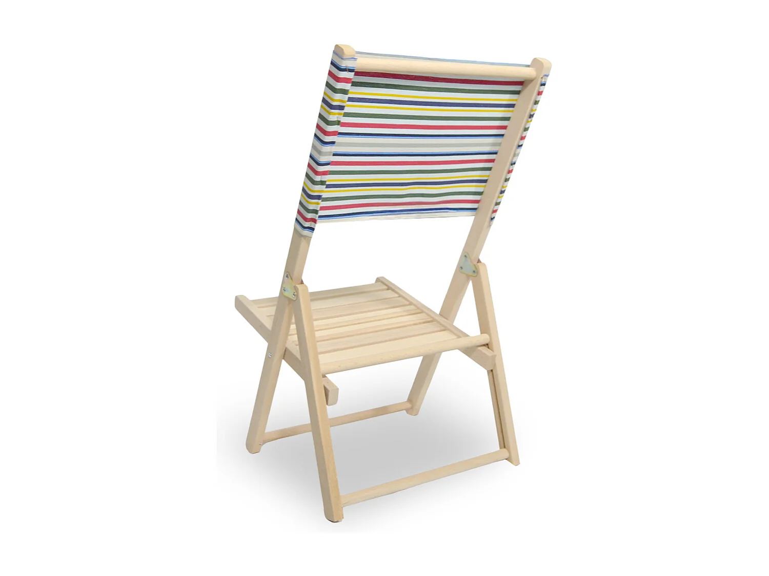 Chaise de plage pliante en bois naturel avec dossier à rayures colorées