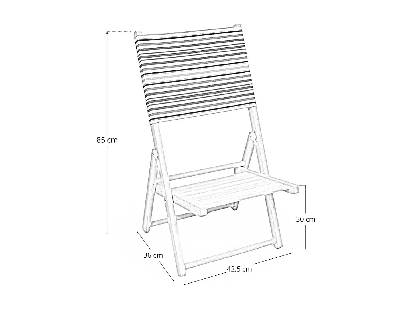 Chaise de plage pliante en bois naturel avec dossier à rayures colorées