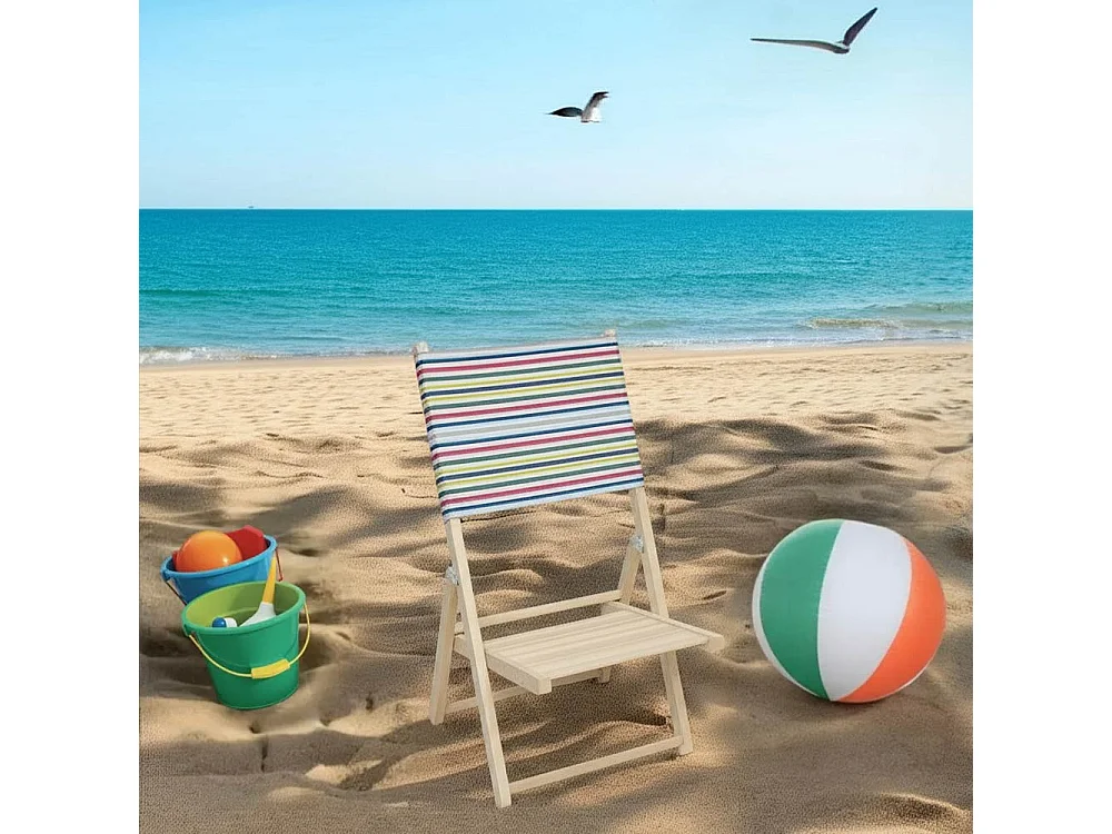 Chaise de plage pliante en bois naturel avec dossier à rayures colorées