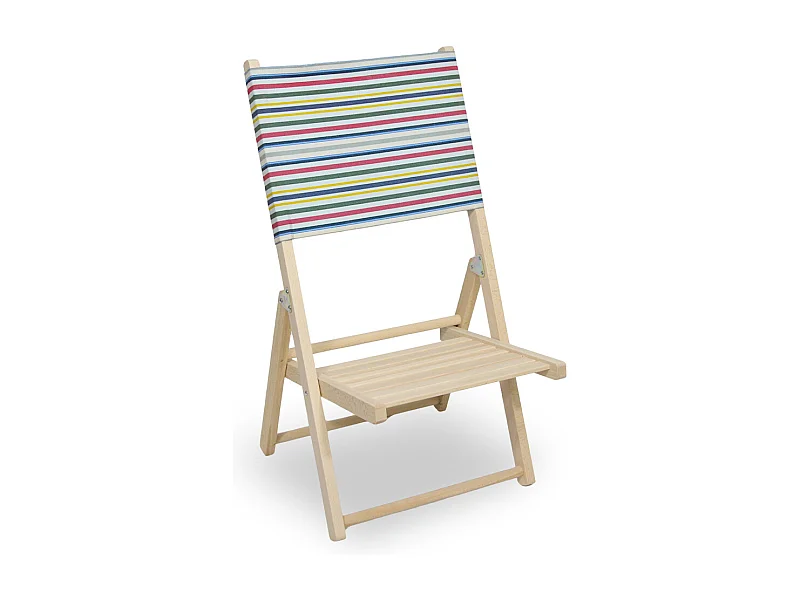 Silla de playa plegable de madera natural con respaldo de rayas de colores