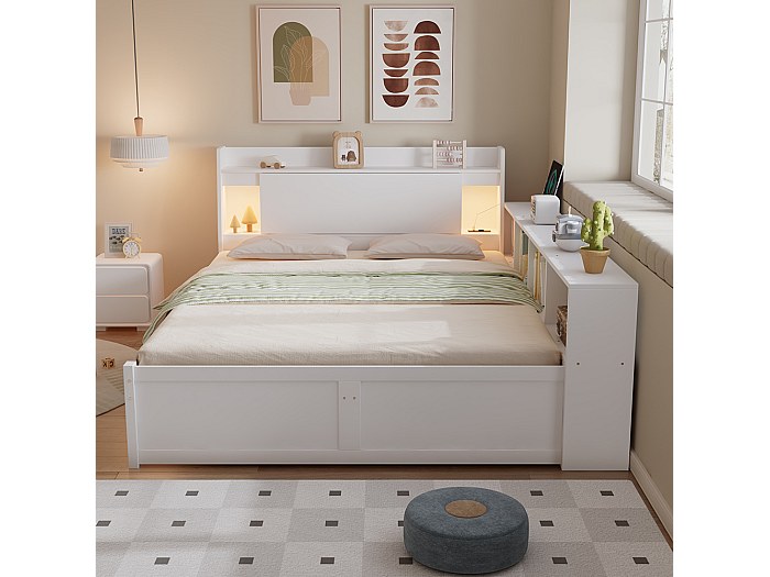 Litera Baja De 140x200 Cm Con Almacenamiento - Diseño Con Valla De Seguridad, Escalera Con Cajones, Acabado Blanco - Para Habitaciones Infantiles