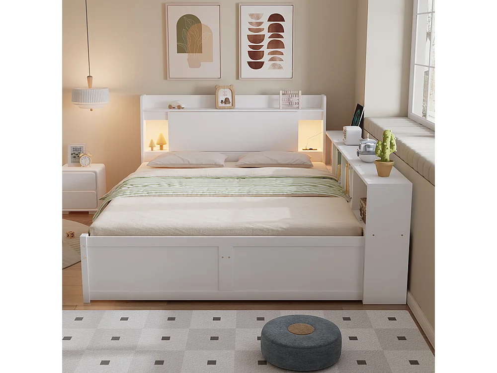 Lit enfant 140x200cm avec compartiments de rangement + 2 lampes, prise de recharge, blanc