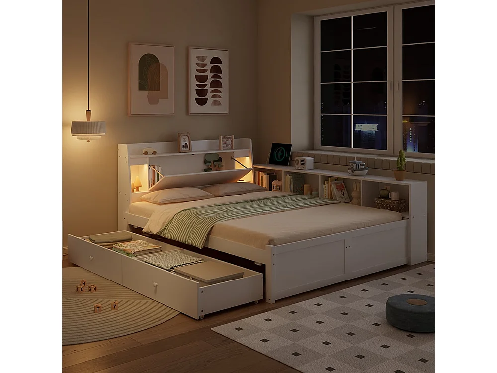 Lit enfant 140x200cm avec compartiments de rangement + 2 lampes, prise de recharge, blanc