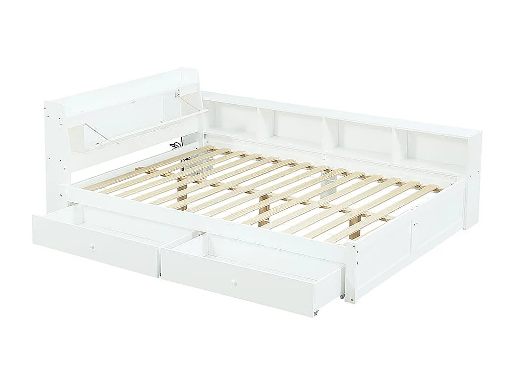 Lit enfant 140x200cm avec compartiments de rangement + 2 lampes, prise de recharge, blanc