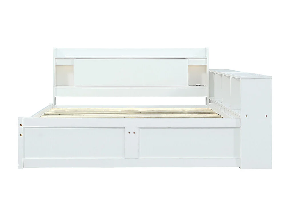 Lit enfant 140x200cm avec compartiments de rangement + 2 lampes, prise de recharge, blanc