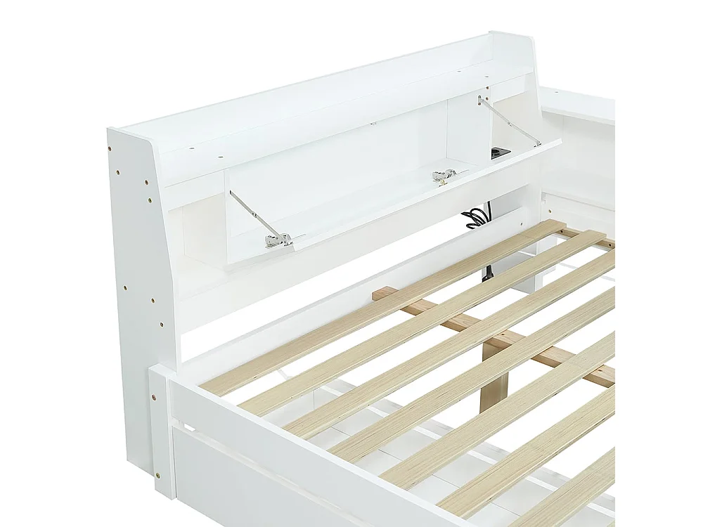 Lit enfant 140x200cm avec compartiments de rangement + 2 lampes, prise de recharge, blanc