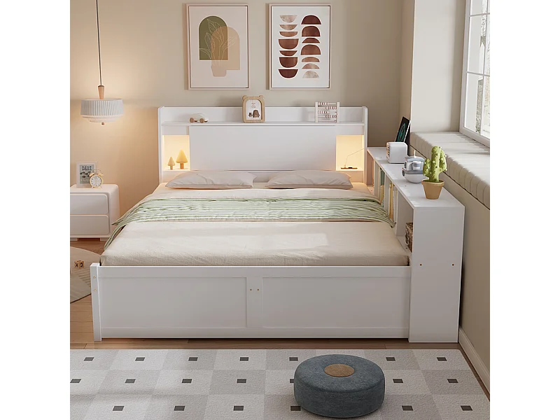 Lit enfant 140x200cm avec compartiments de rangement + 2 lampes, prise de recharge, blanc