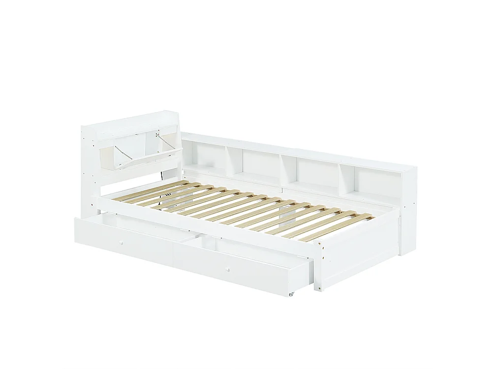 Letto per bambini 90 x 200 cm con scomparti portaoggetti + 2 lampade, presa di ricarica, bianco