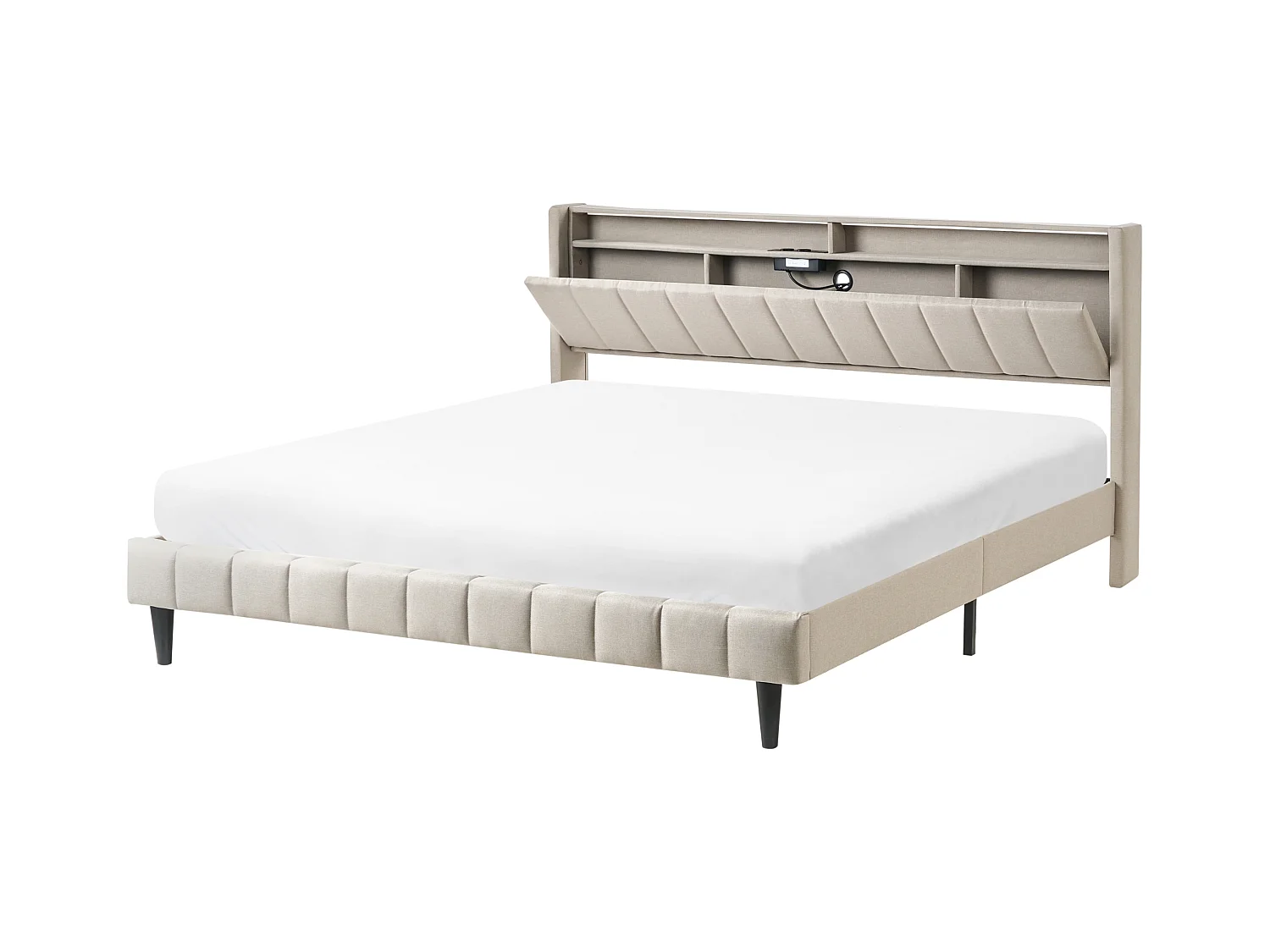 Lit avec LED Tissu BEAULIEU 180 x 200 cm avec rangement avec port USB Beige