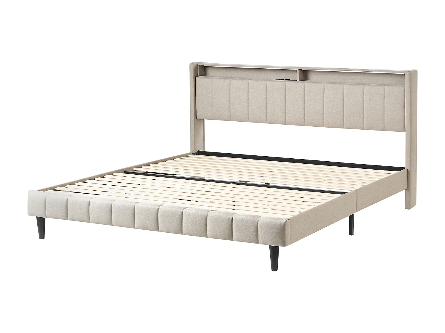 Lit avec LED Tissu BEAULIEU 180 x 200 cm avec rangement avec port USB Beige