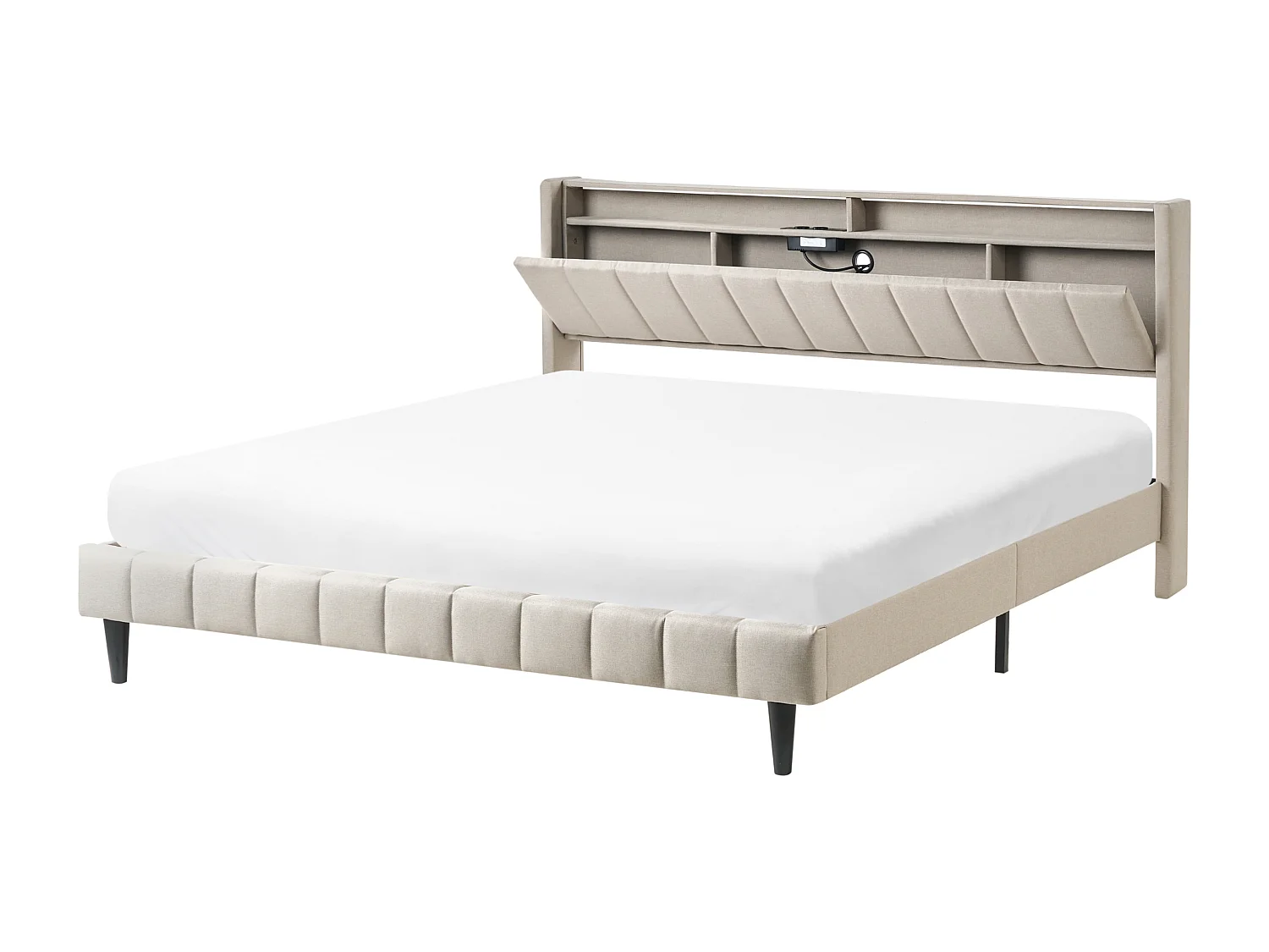 Lit avec LED Tissu BEAULIEU 180 x 200 cm avec rangement avec port USB Beige