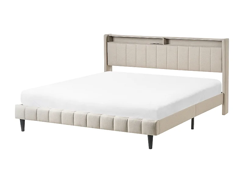 Lit avec LED Tissu BEAULIEU 180 x 200 cm avec rangement avec port USB Beige