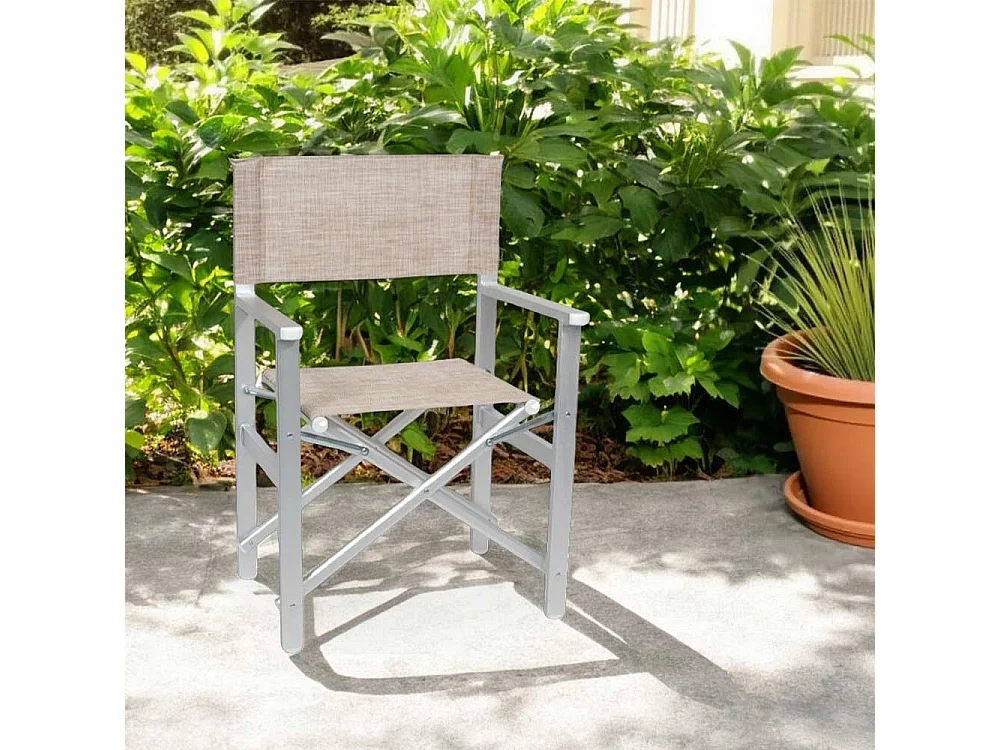 Chaise de réalisateur Ketty en aluminium, assise et dossier en textilène marron clair