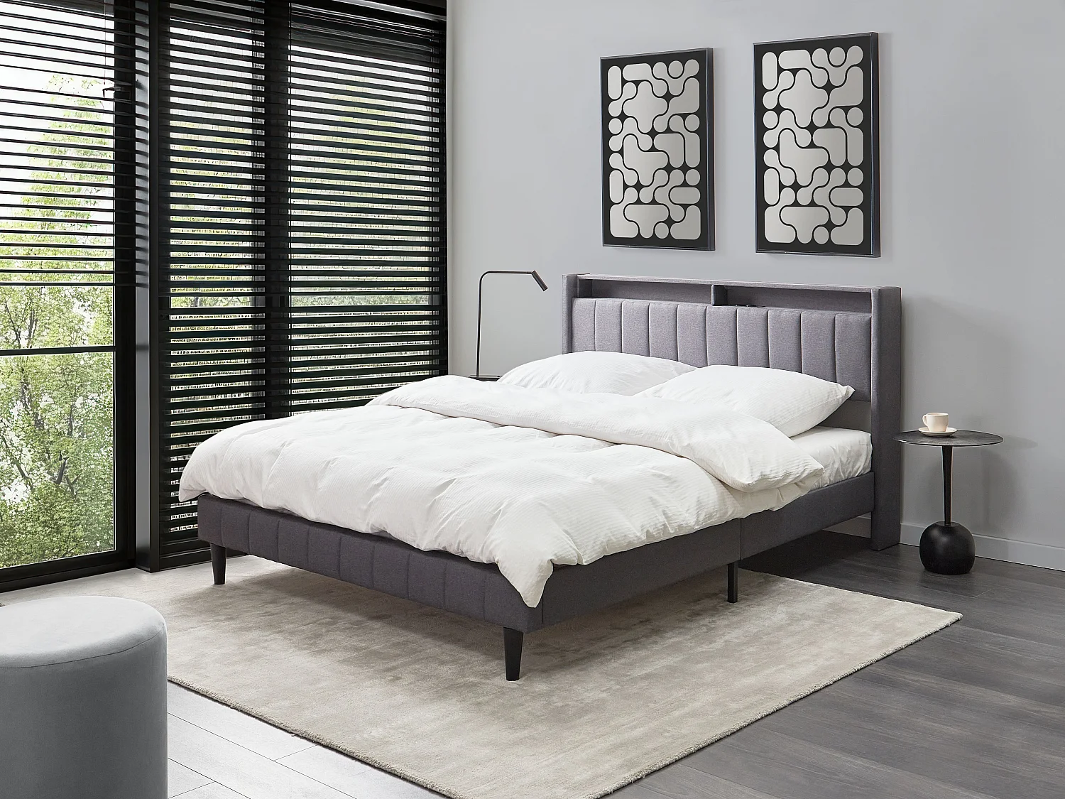 Lit avec LED Tissu BEAULIEU 160 x 200 cm avec rangement avec port USB Gris foncé