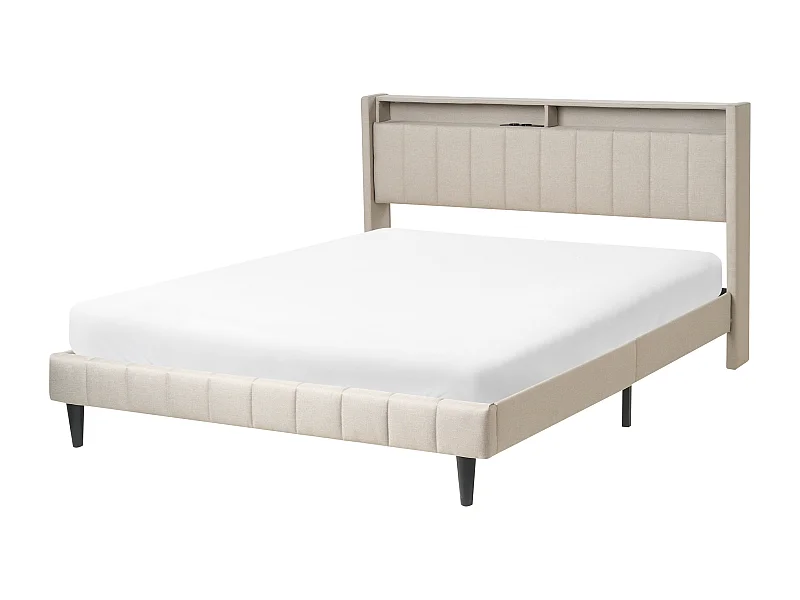 Lit avec LED Tissu BEAULIEU 160 x 200 cm avec rangement avec port USB Beige