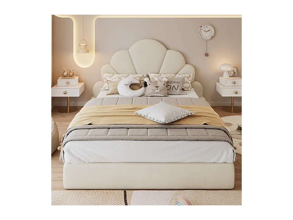 Doppelbett für Kinder 140 x 200 cm, Kopfteil mit geschwungenen Blütenblättern verziert, Samt, Farbe Beige
