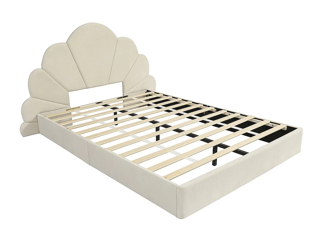 Cama doble para niños 140 x 200 cm, cabecero decorado con pétalos curvados, terciopelo, beige