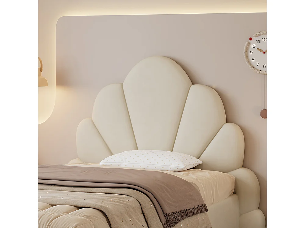 Cama infantil 90 x 200 cm, cabeceira com motivo floral curvo, veludo, cor bege.