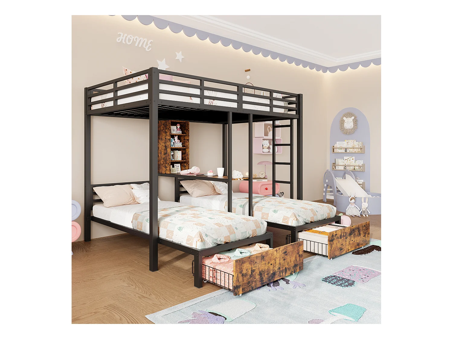 Lit superposés enfants 3 places - 140 x 200 cm + 2 x 90 x 200 cm - avec 2 tiroirs - Métal + MDF - noir