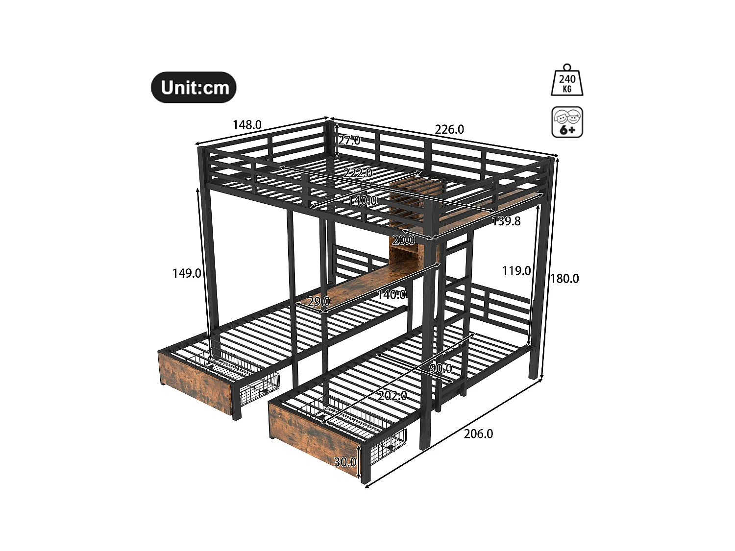 Lit superposés enfants 3 places - 140 x 200 cm + 2 x 90 x 200 cm - avec 2 tiroirs - Métal + MDF - noir