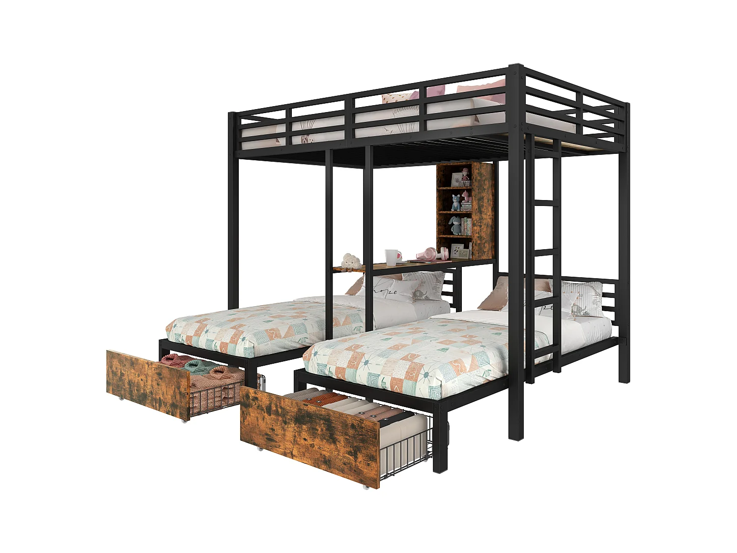 Lit superposés enfants 3 places - 140 x 200 cm + 2 x 90 x 200 cm - avec 2 tiroirs - Métal + MDF - noir