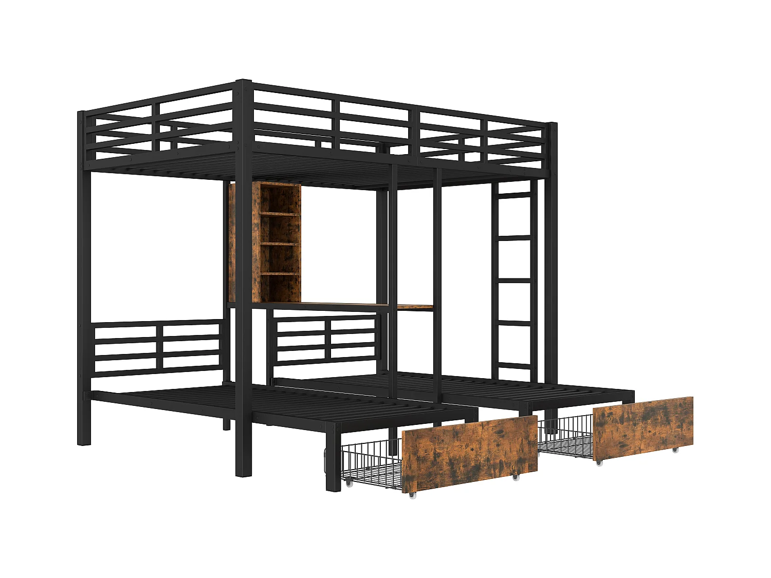 Lit superposés enfants 3 places - 140 x 200 cm + 2 x 90 x 200 cm - avec 2 tiroirs - Métal + MDF - noir