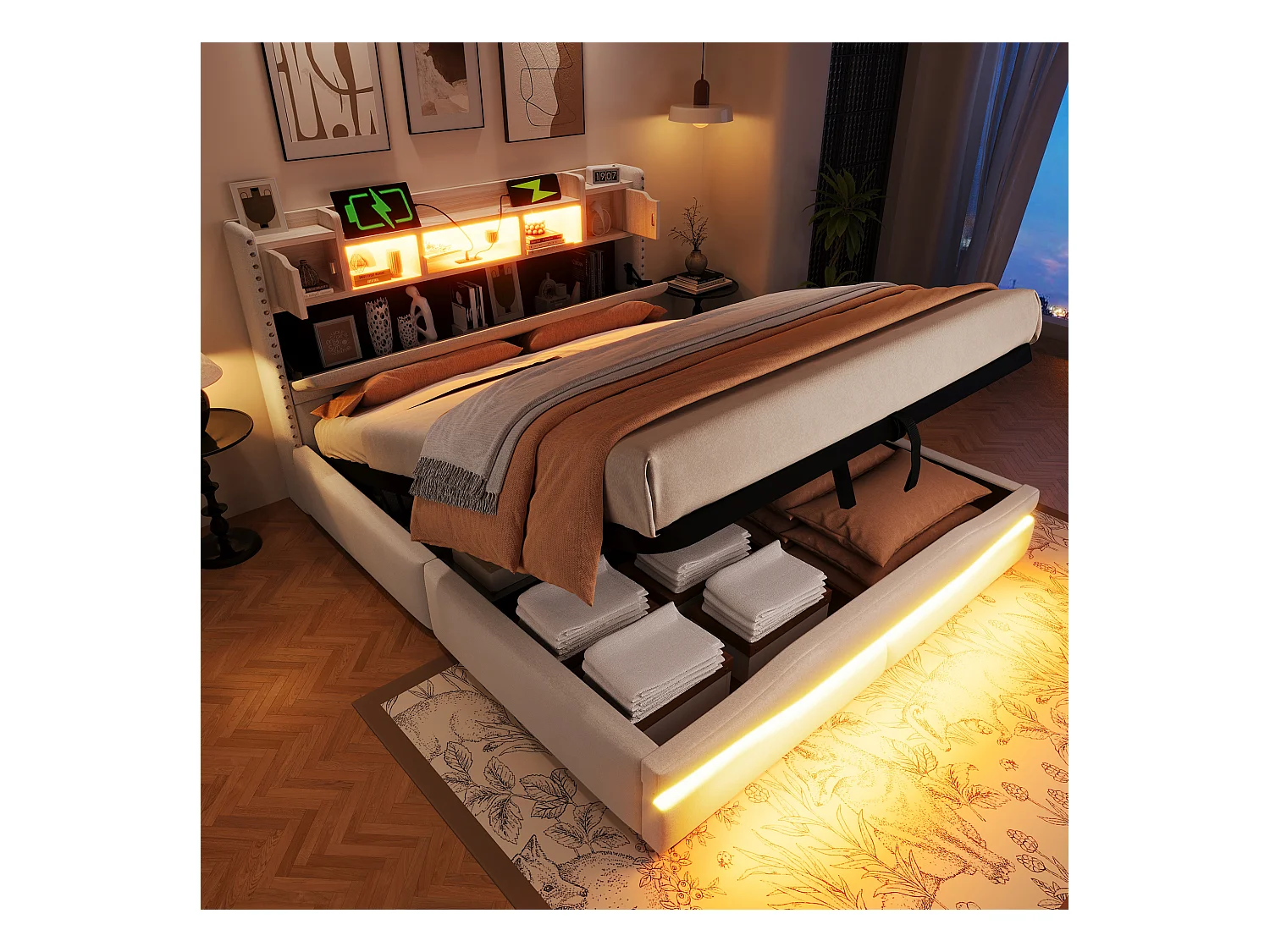 Lit coffre rembourré - 160 x 200cm - avec USB-C + Leds - tête de lit avec rangements - lin + MDF - beige
