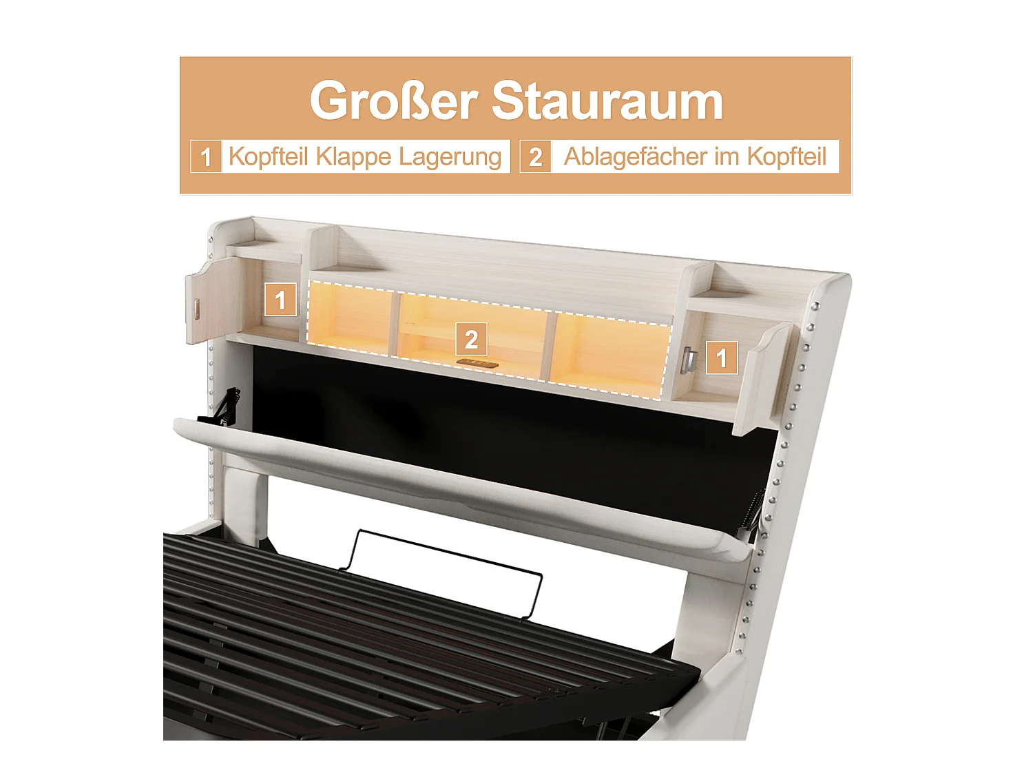 Lit coffre rembourré - 160 x 200cm - avec USB-C + Leds - tête de lit avec rangements - lin + MDF - beige