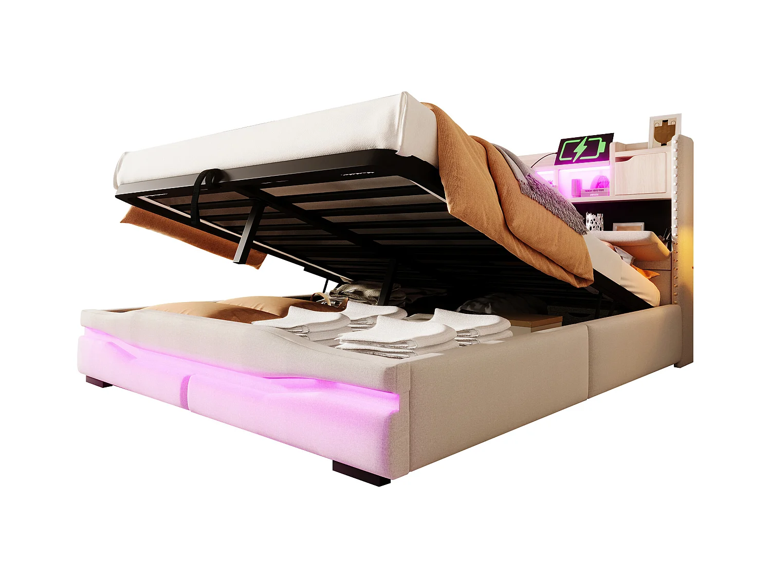 Lit coffre rembourré - 160 x 200cm - avec USB-C + Leds - tête de lit avec rangements - lin + MDF - beige